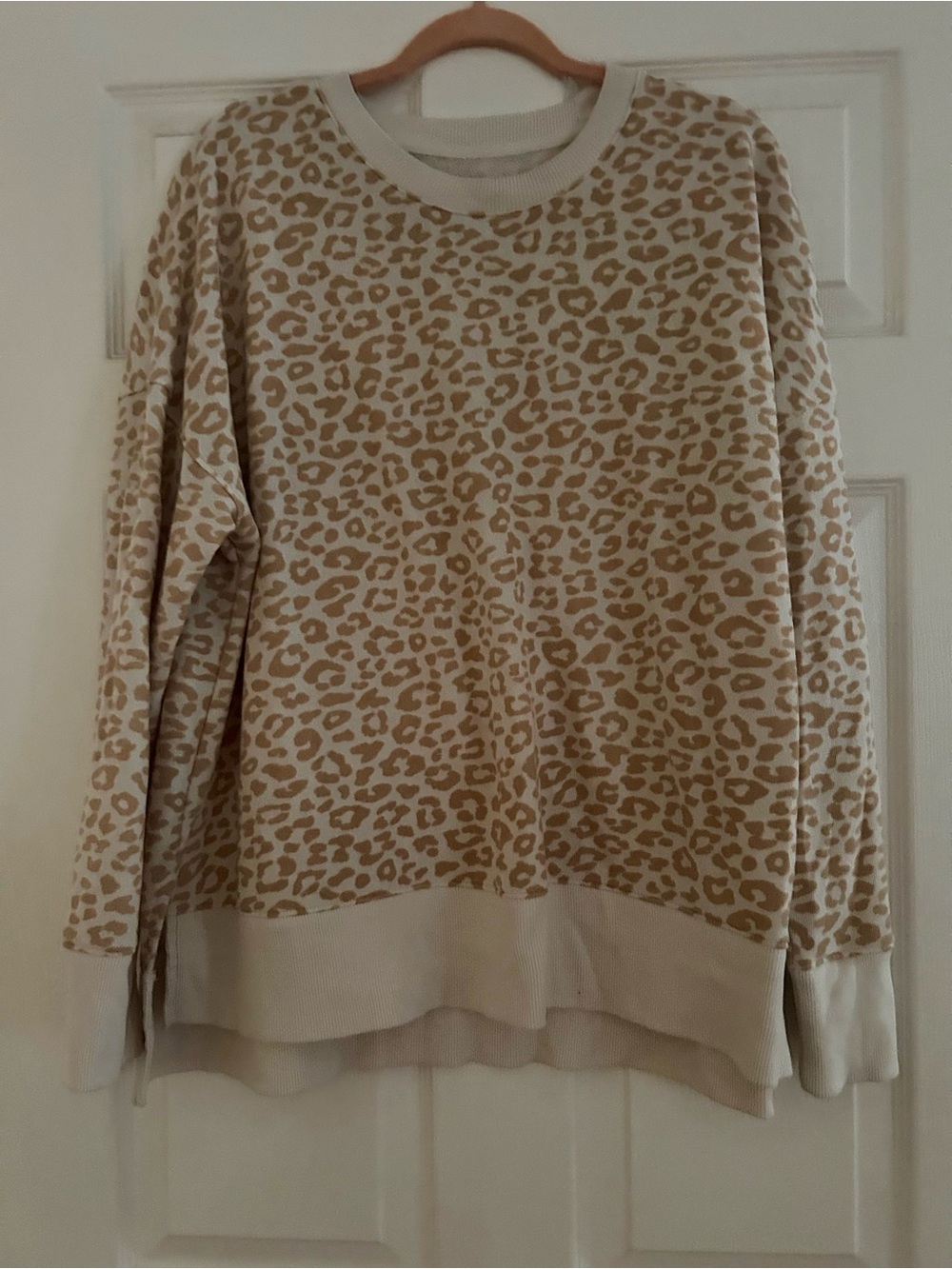 Time and Tru Leopard Print Crewneck Sweatshirt - Beige Taupe